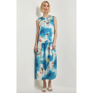 Misook Dress Medium Watercolor Print Crepe Midi Drop Waist Sleeveless